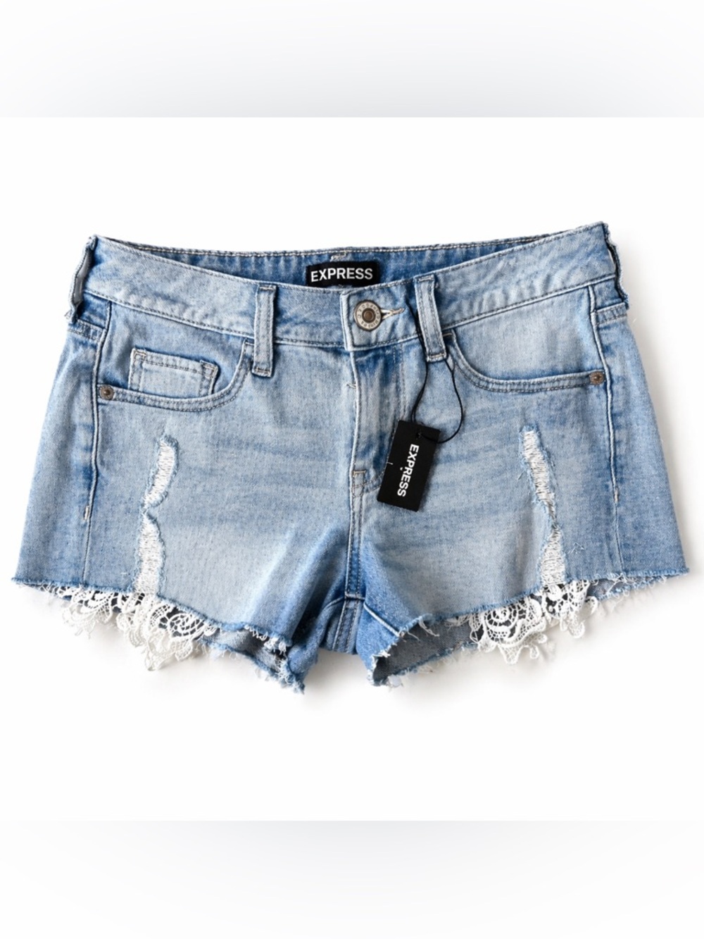Express Low Rise Shortie Denim Shorts 00 NWT Distressed Lace Hem Light Wash